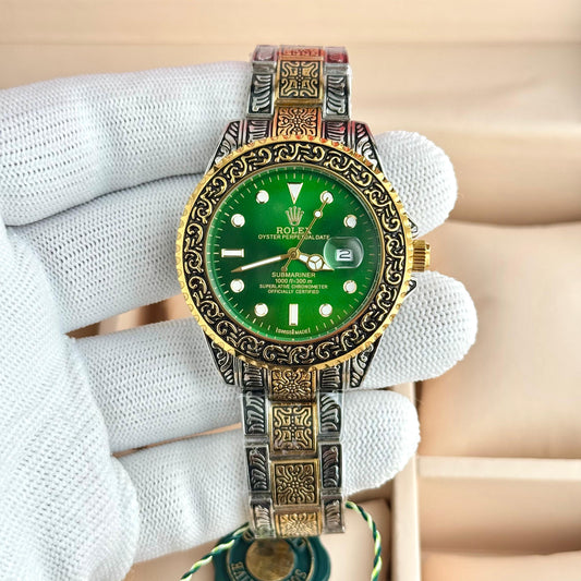 Rolex custom-engraved Rolex Submariner with a green dial, bezel, and a two-tone (gold and silver-colored) band.