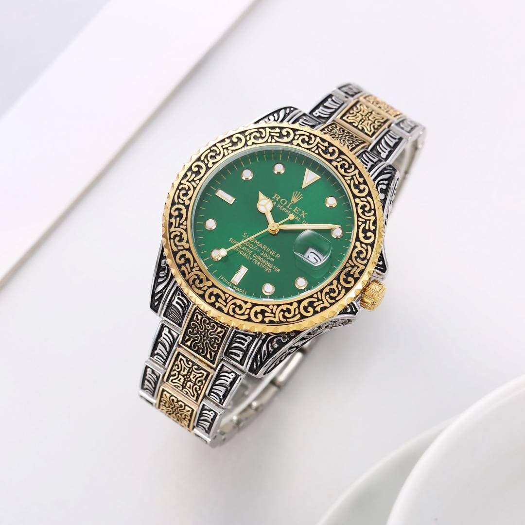 Rolex custom-engraved Rolex Submariner with a green dial, bezel, and a two-tone (gold and silver-colored) band.