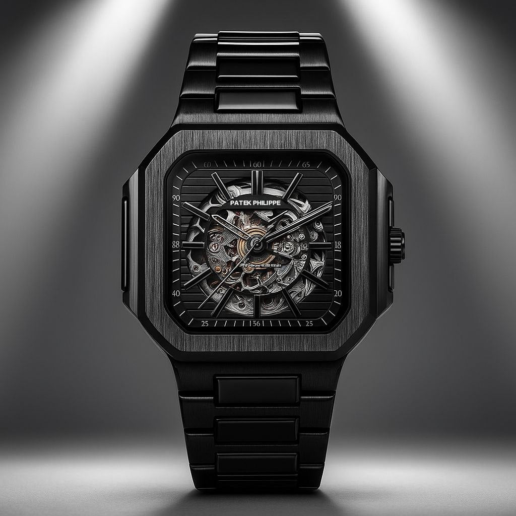 black-toned Patek Philippe automatic skeleton watch.