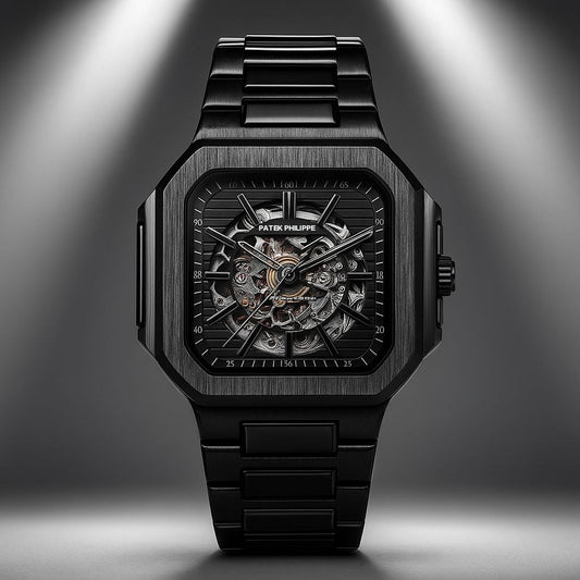 black-toned Patek Philippe automatic skeleton watch.