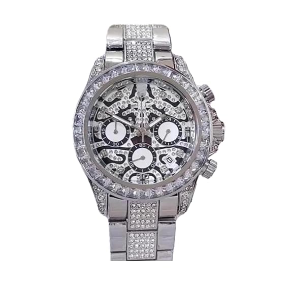 Rolex Daytona "Eye of the Tiger" watch in a silver-tone case and bracelet with a diamond-set bezel and an intricate black and silver dial.