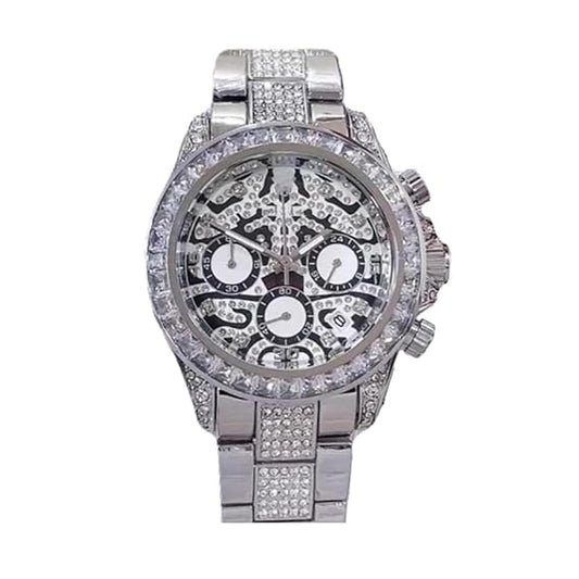 Rolex Daytona "Eye of the Tiger" watch in a silver-tone case and bracelet with a diamond-set bezel and an intricate black and silver dial.