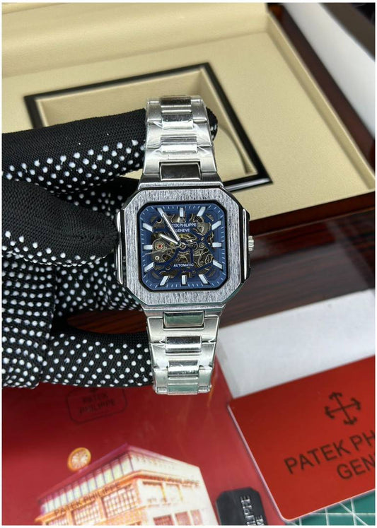 Patek Philippe automatic watch with a blue skeleton dial.